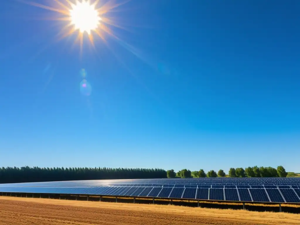 Amplio campo de paneles solares bajo un cielo azul, generando energía sostenible