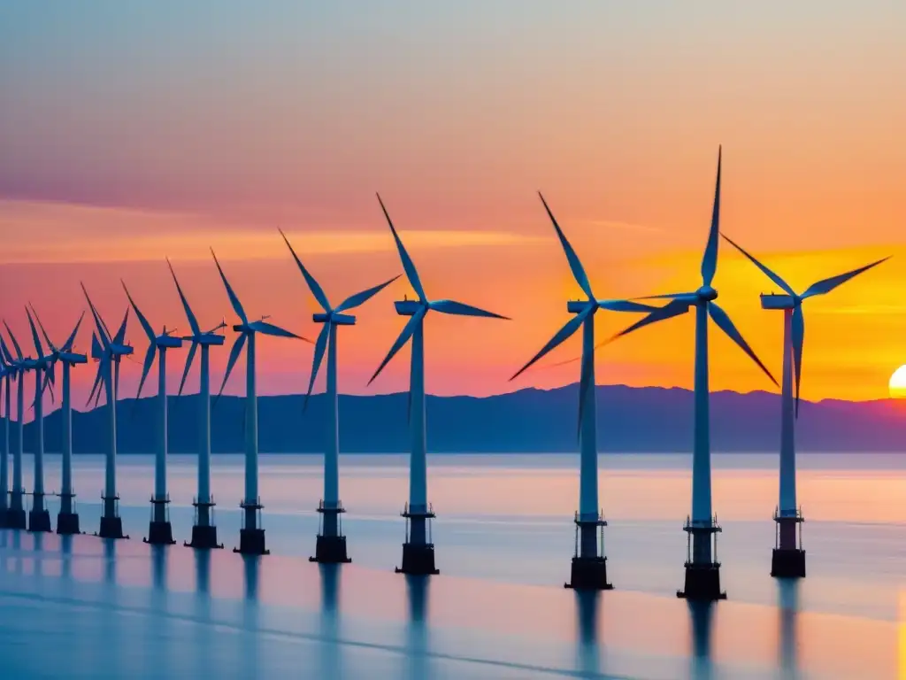 Anclajes y cimentaciones para turbinas eólicas offshore en un moderno parque eólico marino al atardecer, con turbinas y cielo vibrante