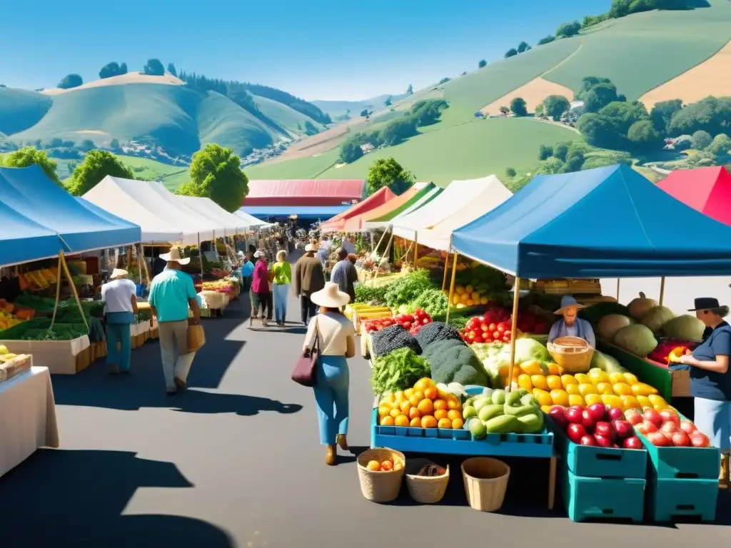 Un animado mercado de agricultores con puestos coloridos llenos de frutas, verduras y productos locales