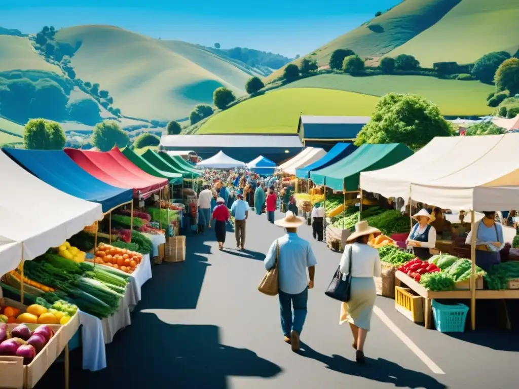 Un animado mercado de agricultores, con puestos de colores y productos frescos, en un ambiente comunitario sostenible de alimentos kilómetro cero