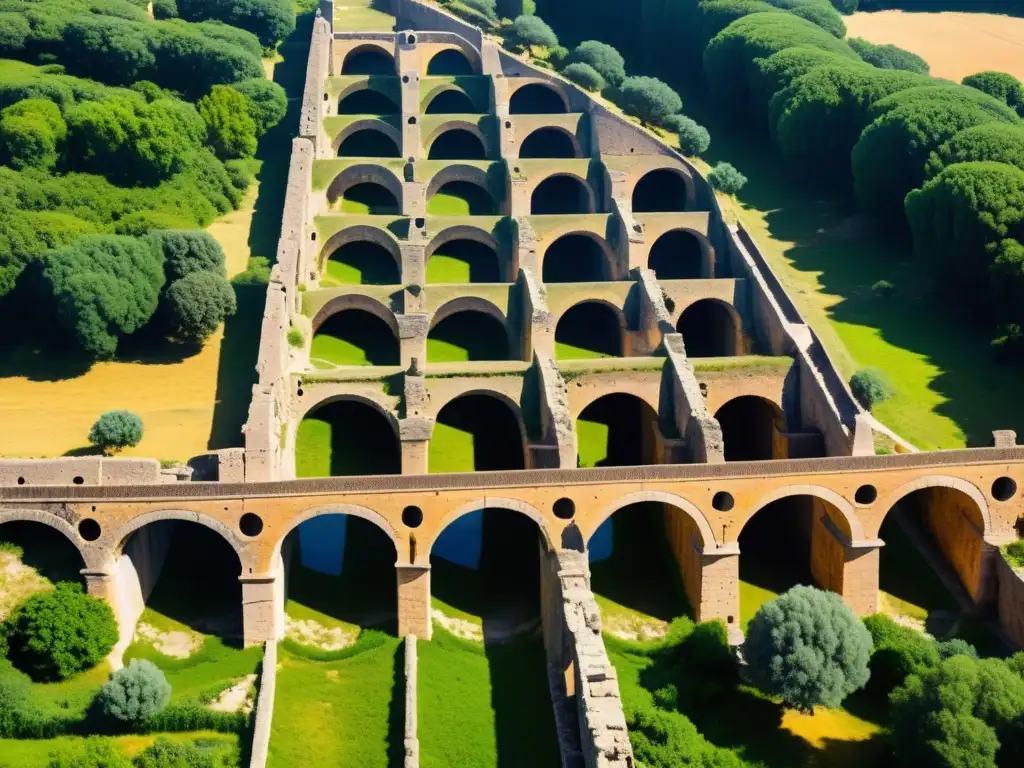 Un antiguo acueducto romano muestra su intrincado diseño de arcos de piedra y canales para la recogida de agua de lluvia sostenible