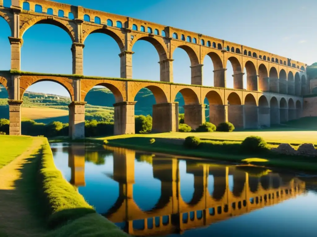 Antiguos acueductos romanos en paisaje sereno con luz solar filtrándose a través de los arcos y reflejándose en el agua tranquila