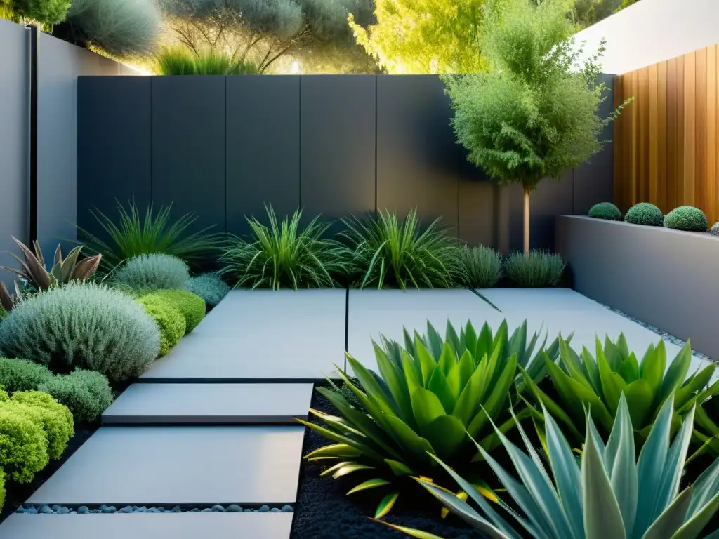 Aprovechamiento aguas grises para jardines: Jardín moderno con sistema de riego innovador y diseño minimalista en tonos terrosos