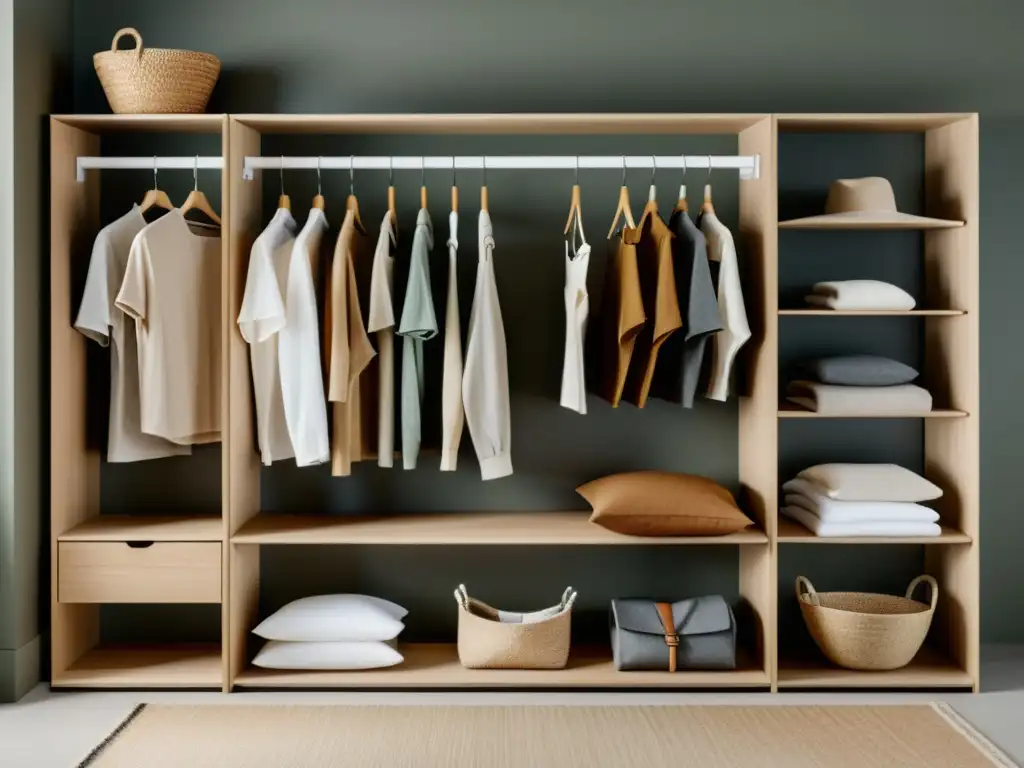 Armario cápsula de moda sostenible: prendas de alta calidad, colores neutros y organización minimalista en madera