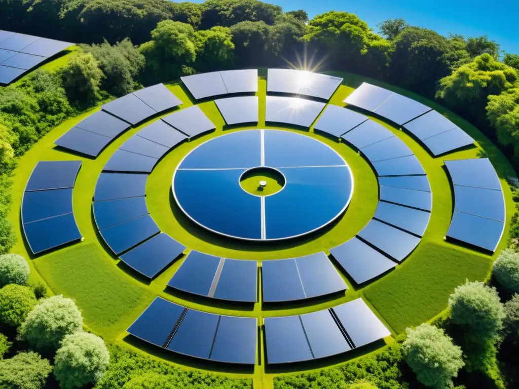 Armonía de energía solar en la naturaleza: panel circular en paisaje verde y cielo azul