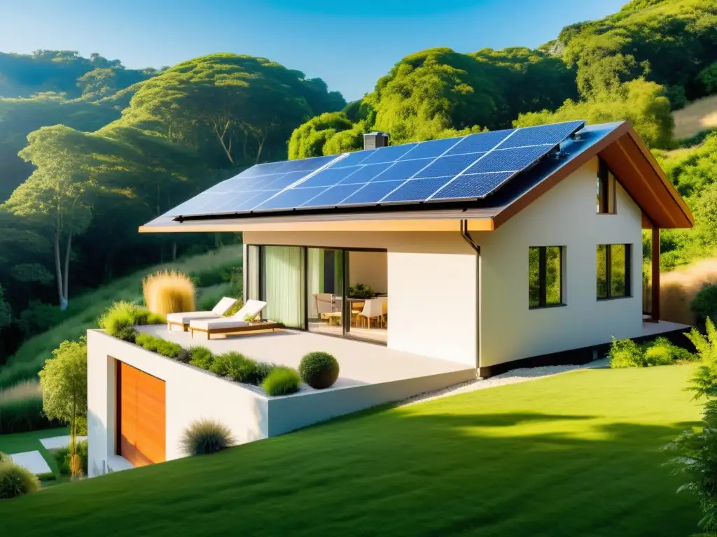 Armoniosa casa sostenible con paneles solares, rodeada de exuberante vegetación