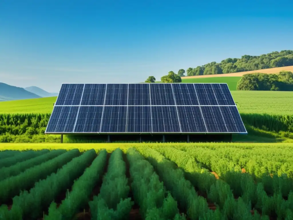 Una armoniosa imagen de paneles solares en un paisaje verde y cielo azul