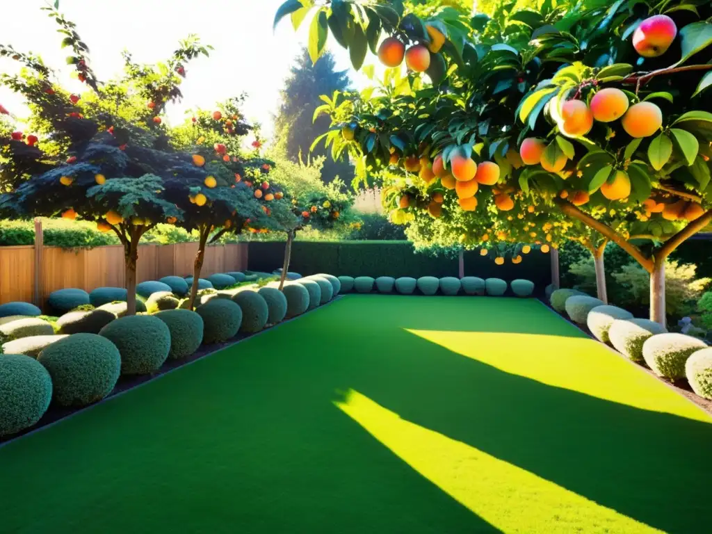 Jardín armonioso con árboles frutales integrados, bañados por cálida luz dorada