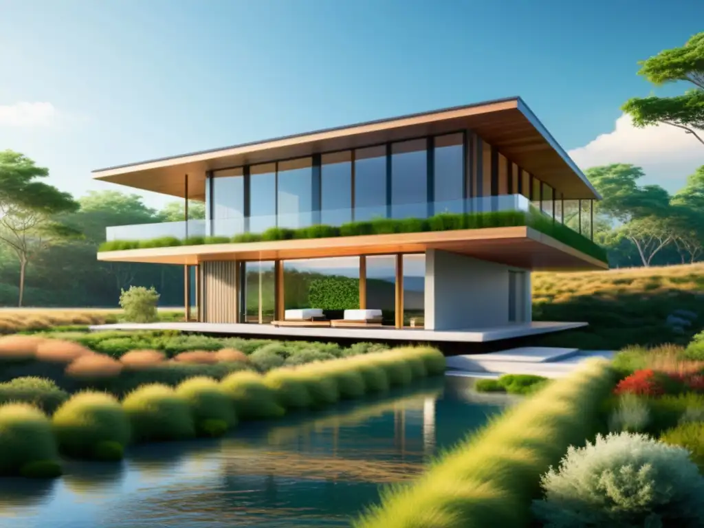 Edificio ecológico: diseño sostenible y armonía natural Renderizado arquitectónico minimalista de un edificio ecológico sostenible con líneas limpias, grandes ventanales y un techo verde