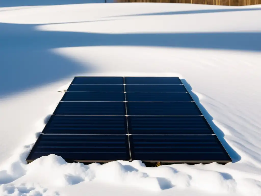 Un array de paneles solares cubiertos de nieve, bañados por la suave luz matutina