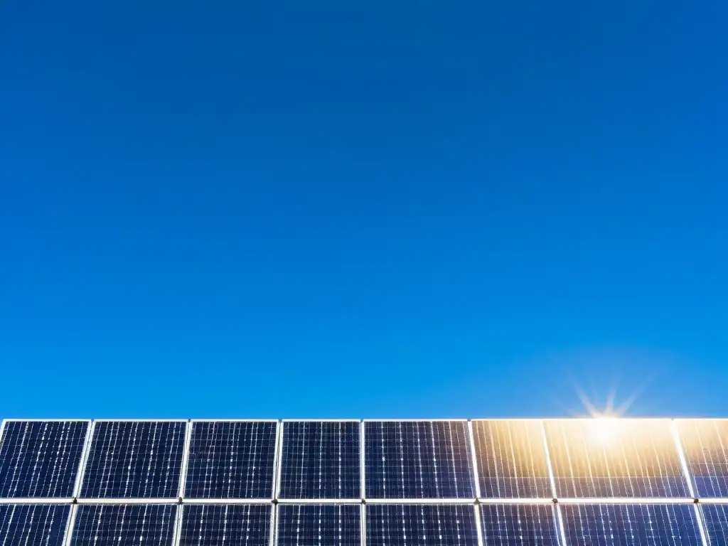 Un arreglo geométrico de paneles solares modernos brilla bajo el sol, transmitiendo eficiencia y sostenibilidad