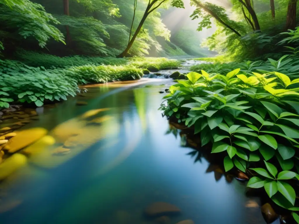 Arroyo cristalino fluye en bosque verde, luz solar entre hojas