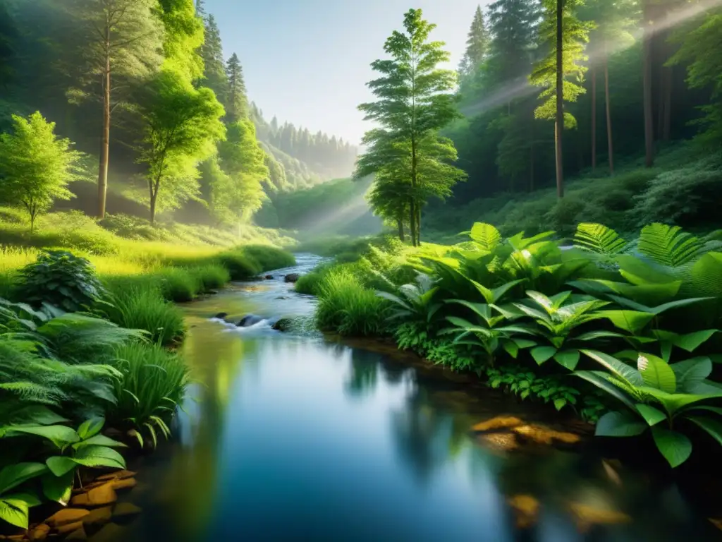 Arroyo cristalino fluyendo por un frondoso bosque, con luz solar filtrándose entre los árboles