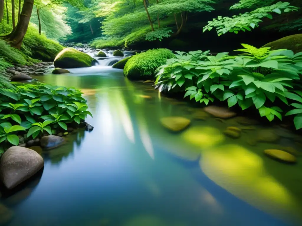 Un arroyo cristalino serpentea suavemente entre rocas en un bosque exuberante, evocando pureza y sostenibilidad