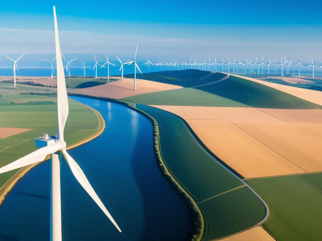 Una asombrosa vista de un extenso parque eólico que se extiende en un paisaje bañado por el sol, destacando la armonía entre la tecnología de energía renovable y el entorno natural, evocando progreso y sostenibilidad con cooperativas energía eólica sostenible