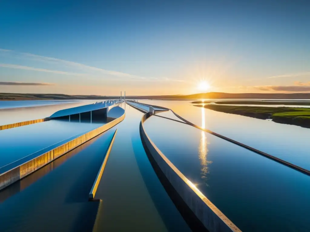 Un asombroso parque de energía de mareas futurista con turbinas gigantes, en un estuario al atardecer