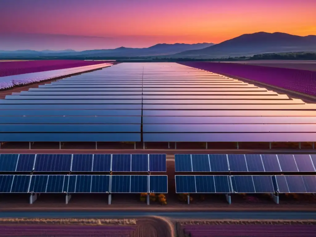 Un atardecer cálido en una granja solar, con paneles alineados