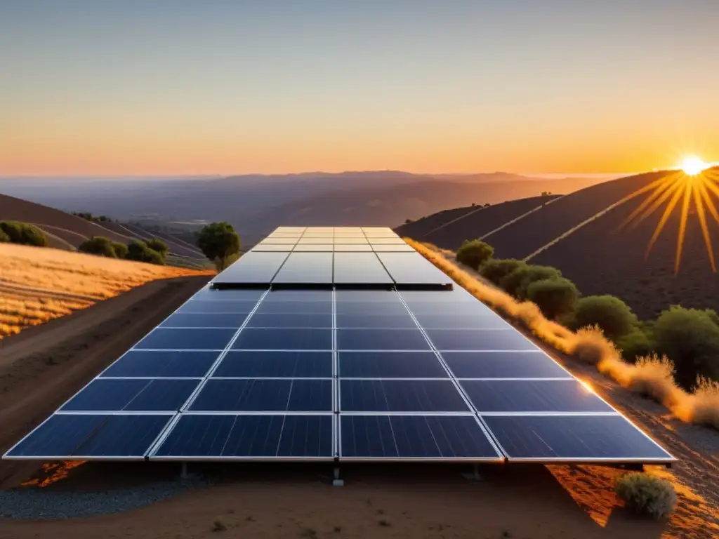 Un atardecer cálido ilumina una instalación de paneles solares en California, destacando su innovación y sostenibilidad