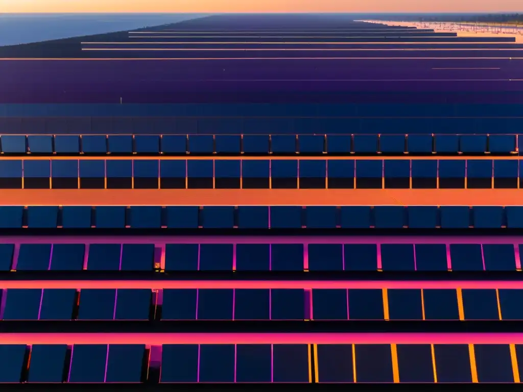 Un atardecer en una granja solar japonesa, con paneles solares alineados y un pagoda al fondo