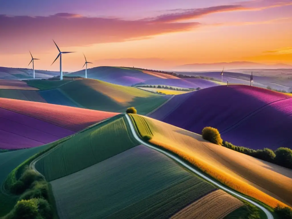 Un atardecer rural con molino de viento en contraluz, en un cielo anaranjado y morado