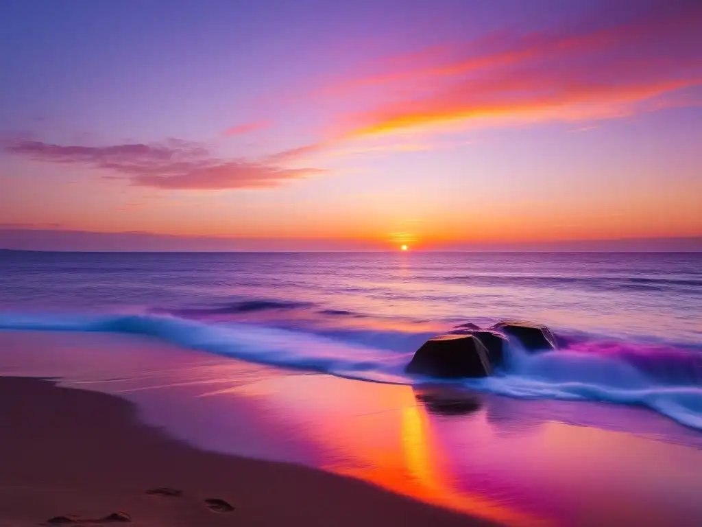 Un atardecer sereno en la costa, con olas suaves y un horizonte lejano donde el sol se pone sobre el océano tranquilo