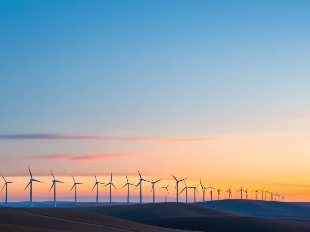 Un atardecer sereno en un extenso parque eólico