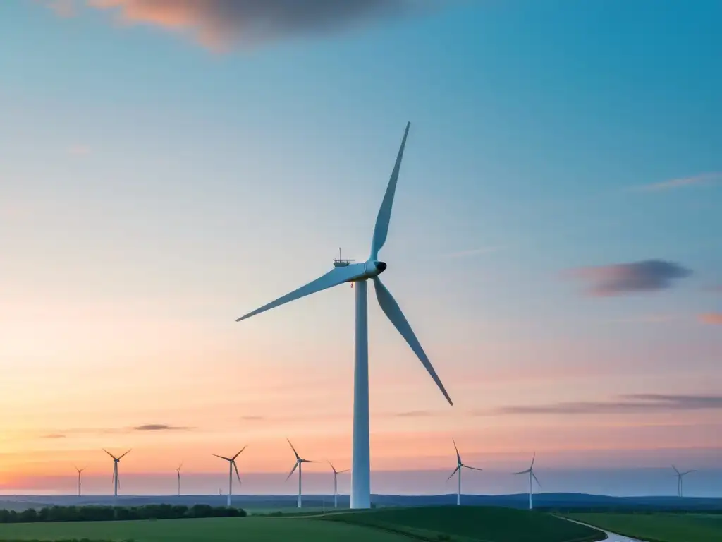 Un atardecer sereno con un molino de viento en movimiento, generando energía eólica en un paisaje tranquilo y sostenible