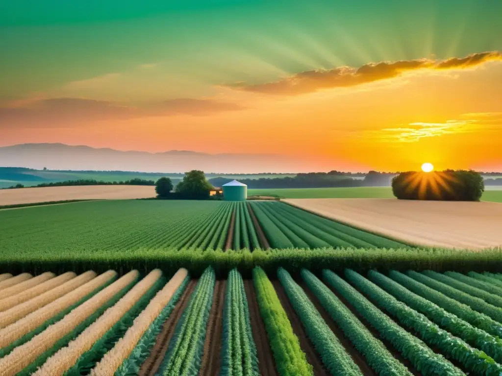 Un atardecer sereno en un paisaje rural, con una pequeña planta de biocombustibles energía rural sostenible integrada armoniosamente