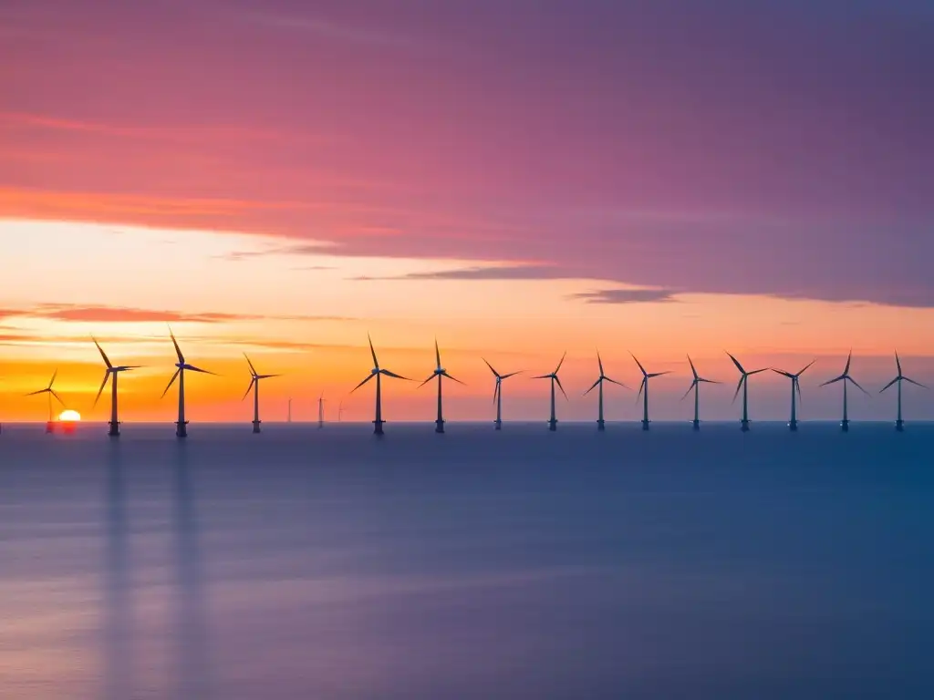 Un atardecer sereno en un parque eólico offshore, con turbinas silueteadas contra un cielo anaranjado