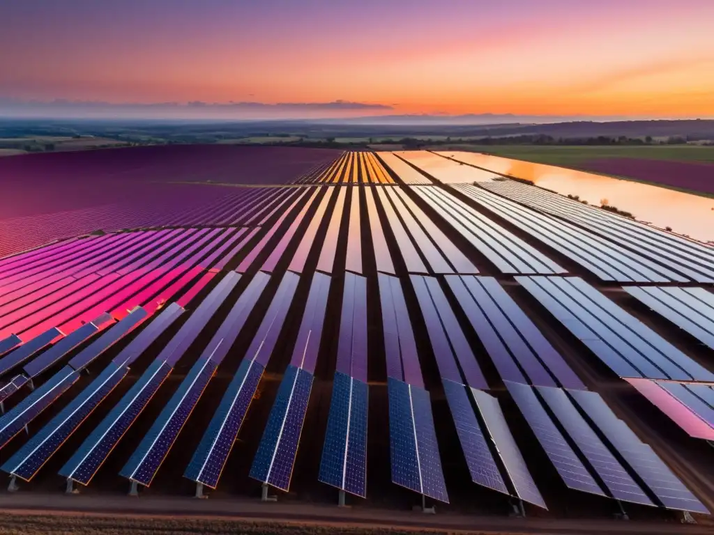 Un atardecer tranquilo en una granja solar, con paneles extendiéndose hacia el horizonte