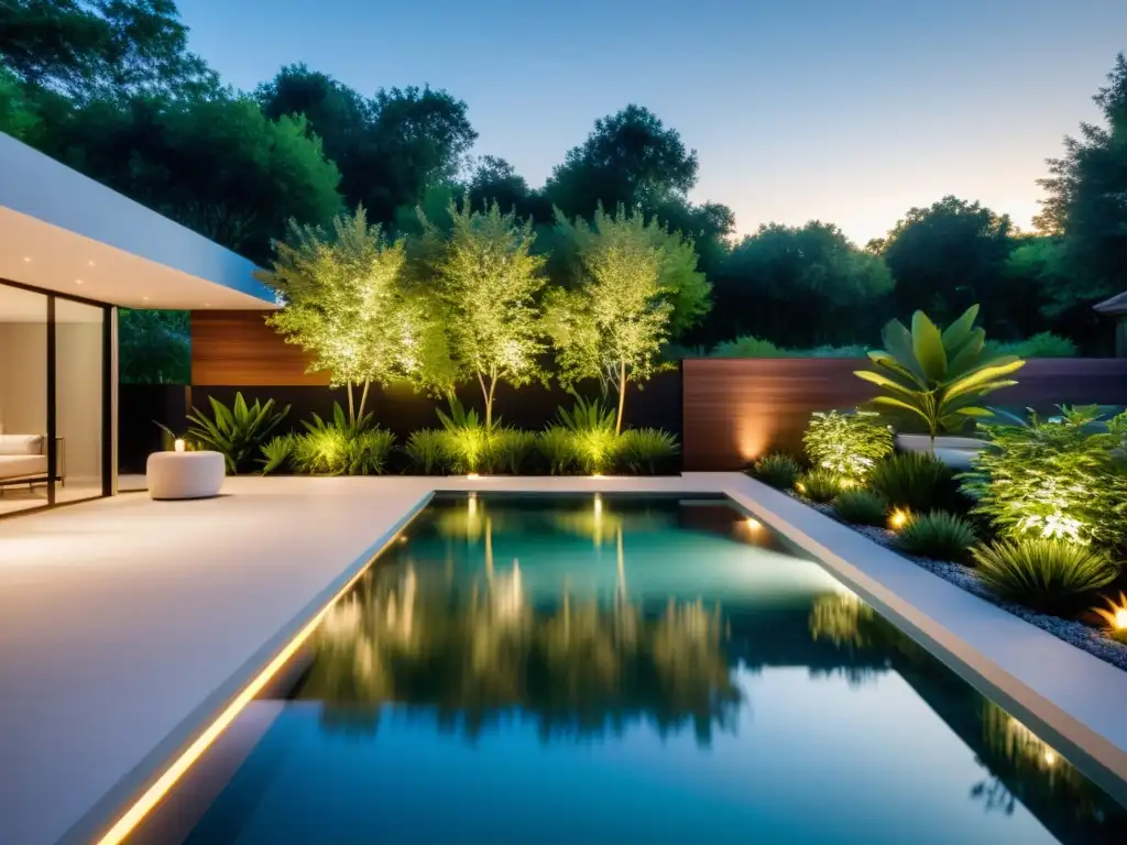 Un atardecer tranquilo en la piscina con iluminación eficiente, reflejando calidez y serenidad
