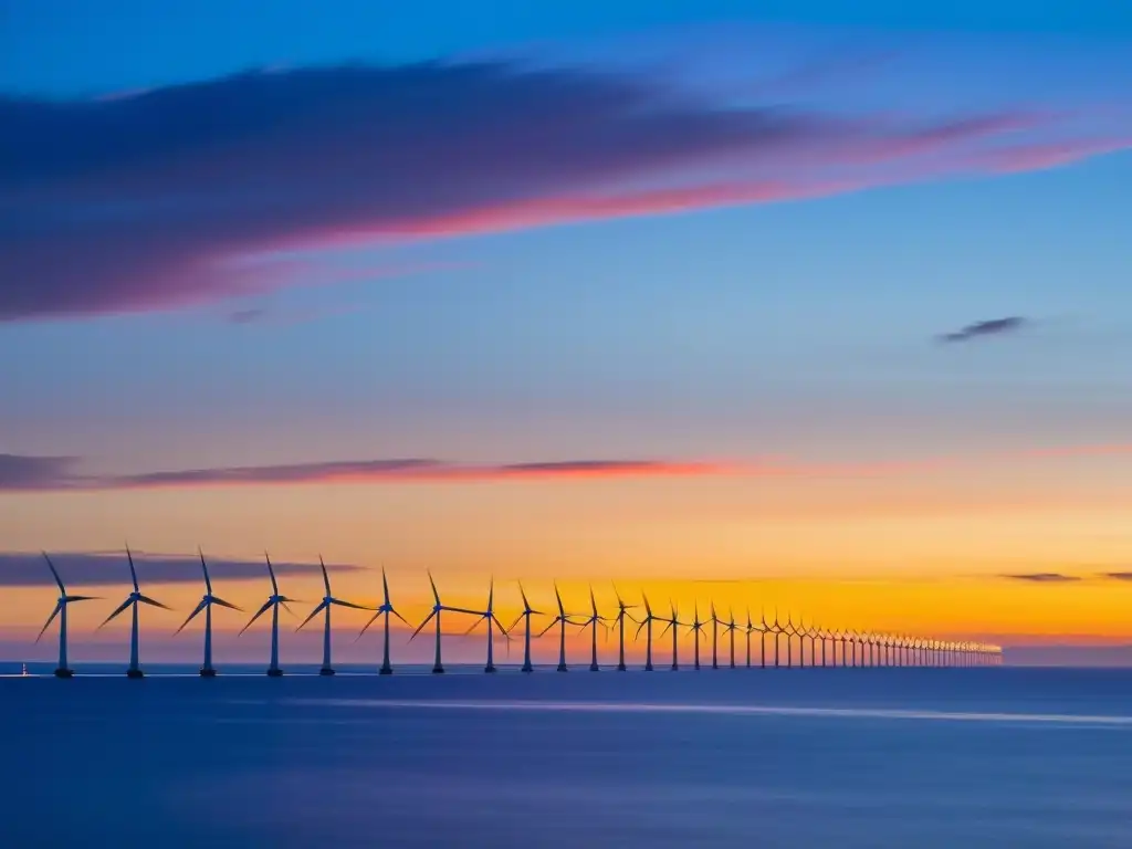 Un atardecer tranquilo sobre un vasto parque eólico marino, reflejando el potencial de la formación talento en la industria eólica offshore