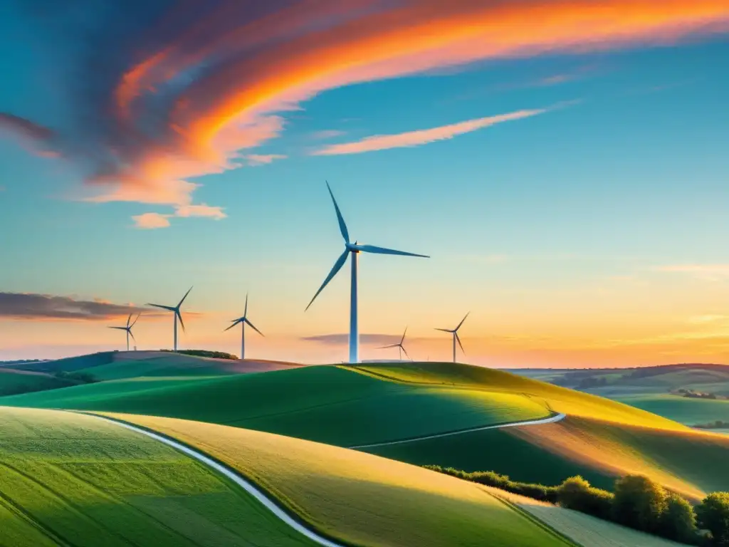 Un atardecer vibrante en el campo con un molino de viento solitario, mostrando la armonía entre la energía eólica y las comunidades indígenas