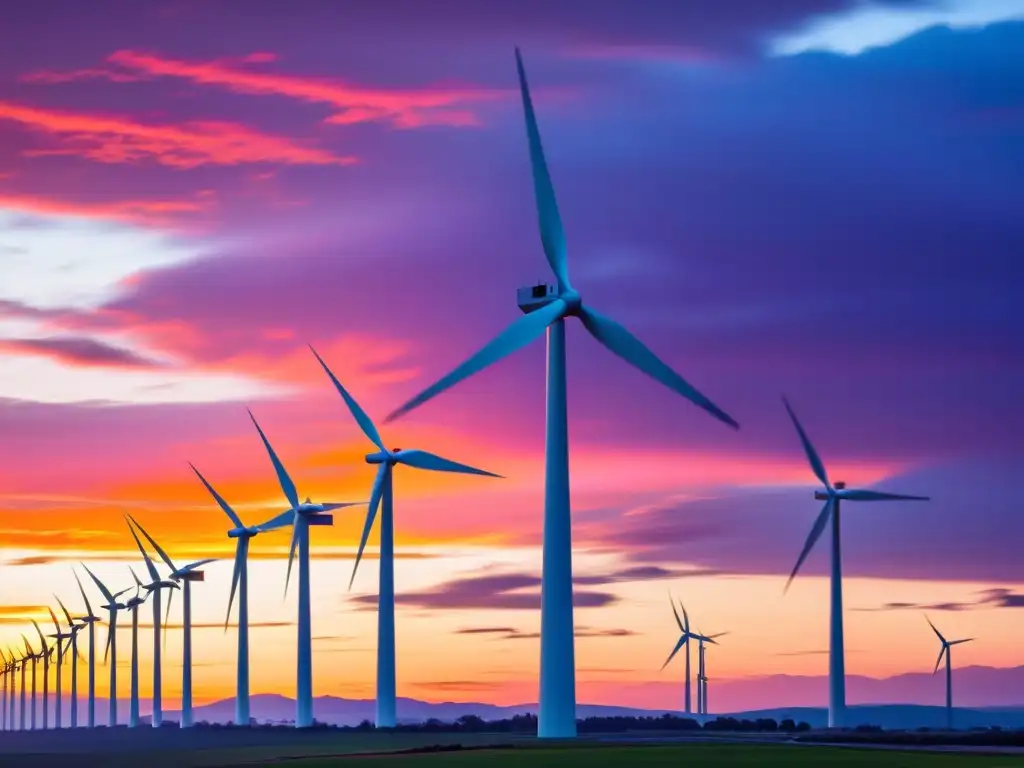 Un atardecer vibrante en un campo de turbinas eólicas, perfecto para financiación proyectos turbinas eólicas