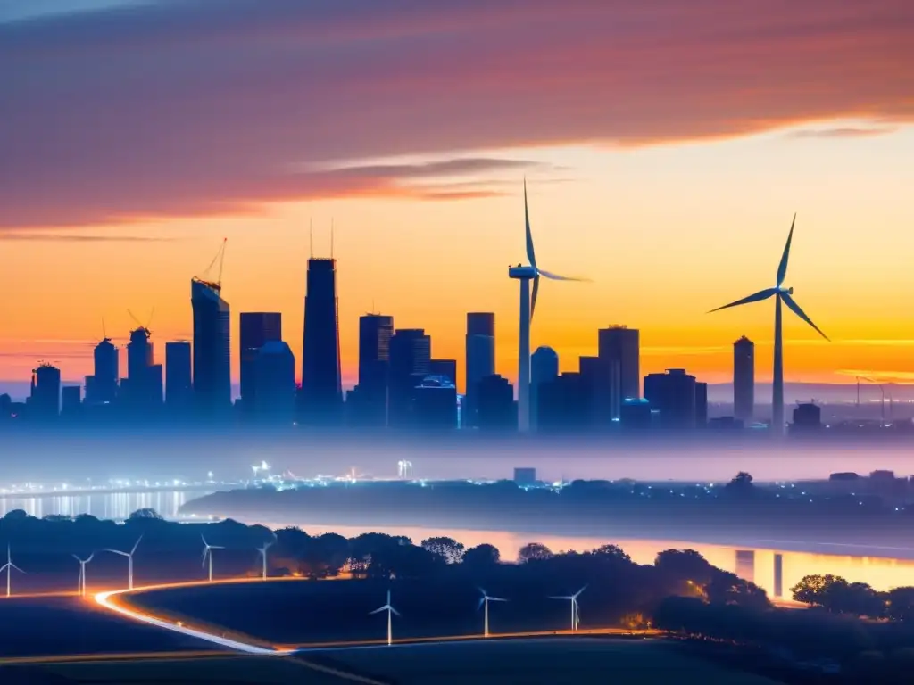 Atardecer vibrante sobre la ciudad con energía eólica urbana sostenible