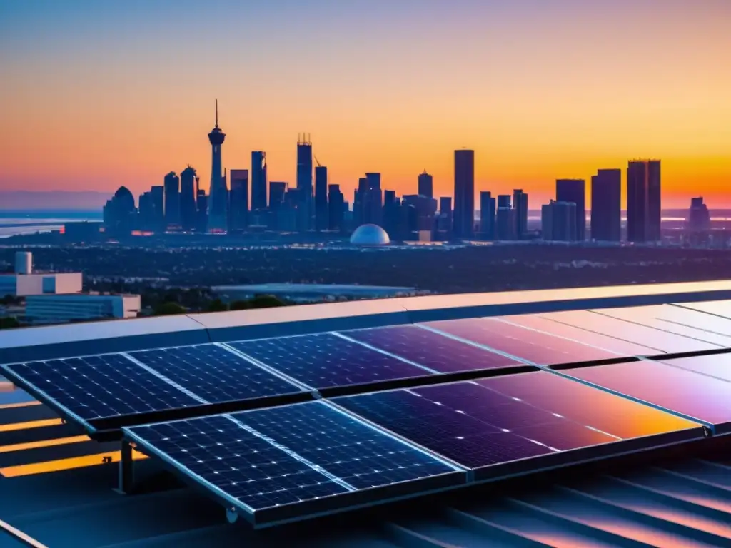 Un atardecer vibrante realza la instalación futurista de paneles solares