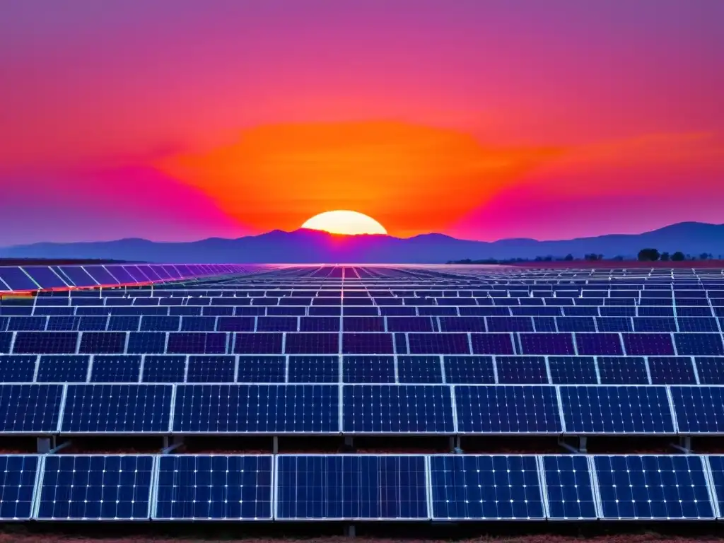 Un atardecer vibrante ilumina una moderna instalación de paneles solares, transmitiendo eficiencia y tecnología renovable