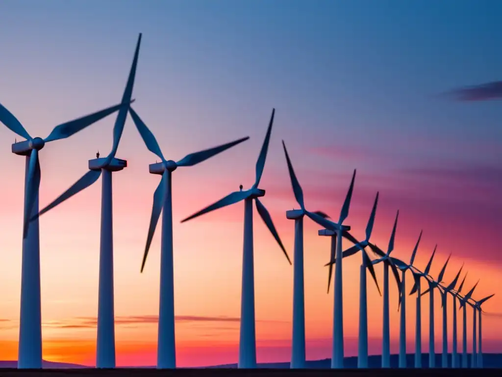 Un atardecer vibrante en el que destaca una moderna serie de aerogeneradores en movimiento, proyectando sombras largas