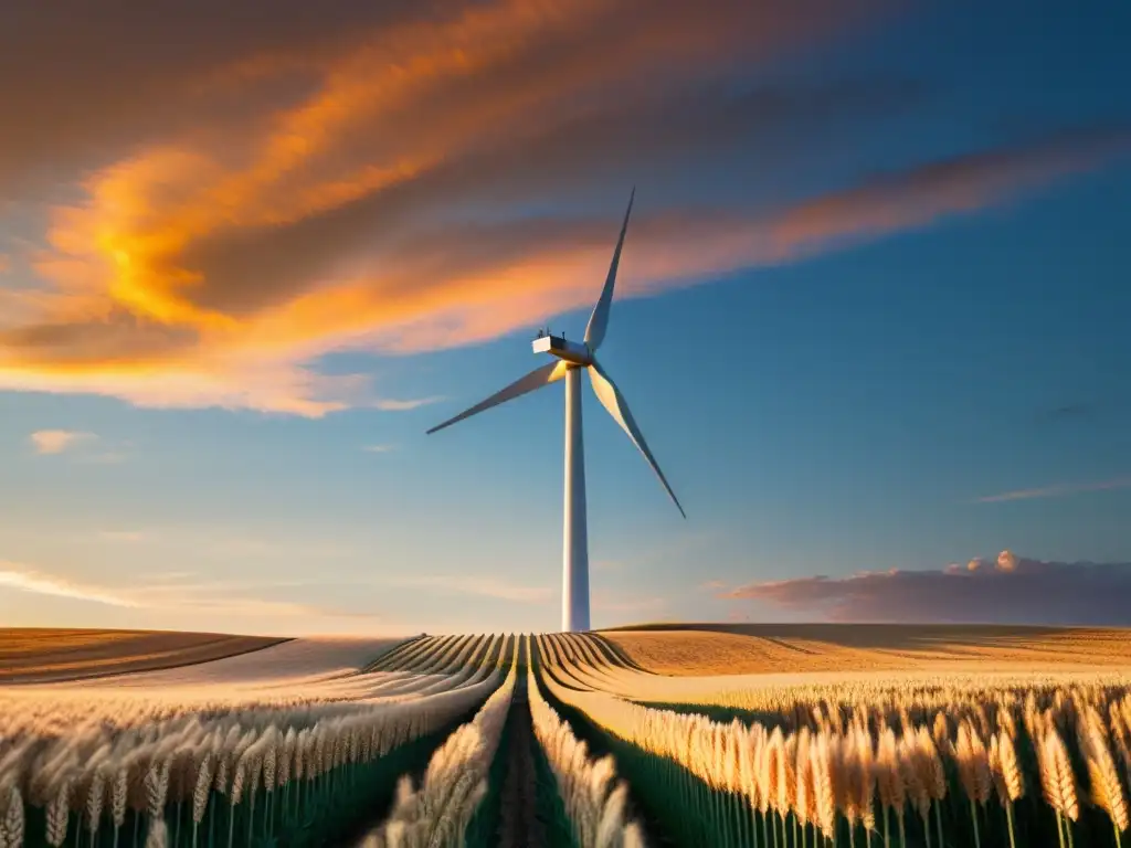 Un atardecer vibrante ilumina un molino de viento sobre un campo dorado, simbolizando la esperanza de la energía eólica para comunidades sostenibles