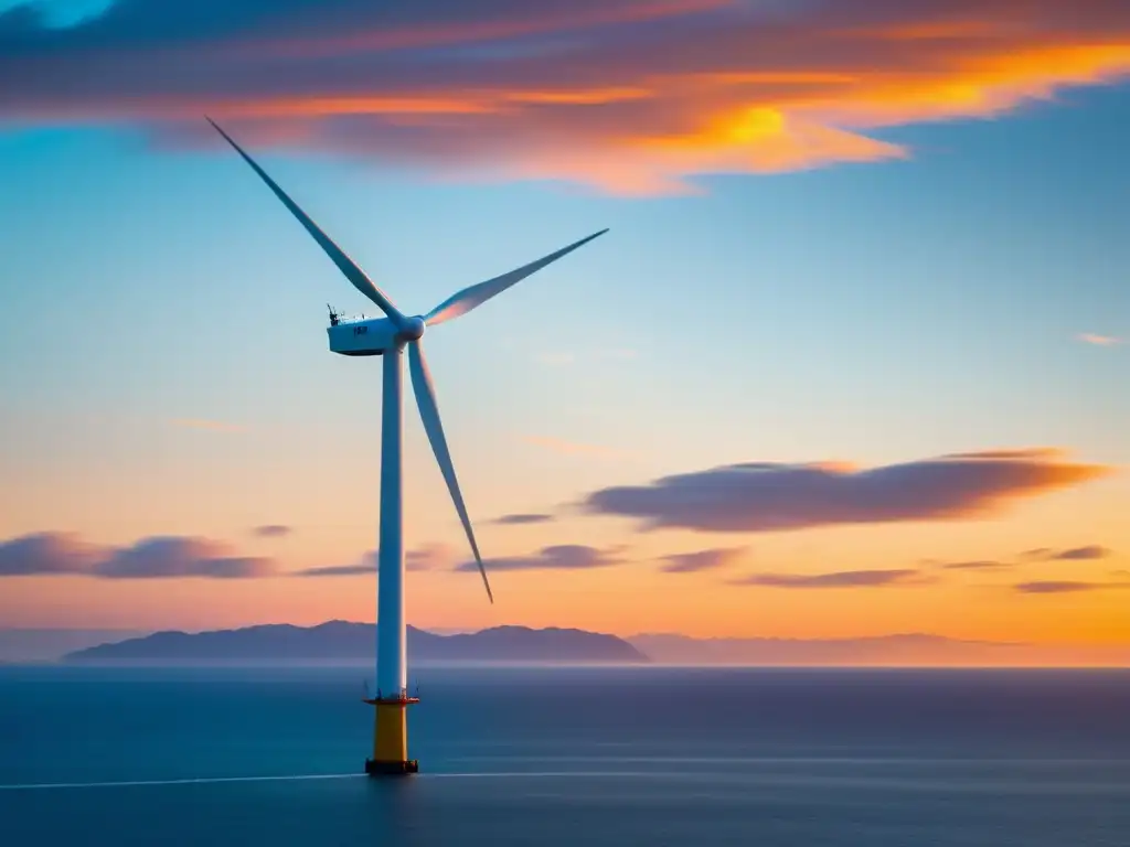 Un atardecer vibrante sobre el océano con un moderno aerogenerador en movimiento