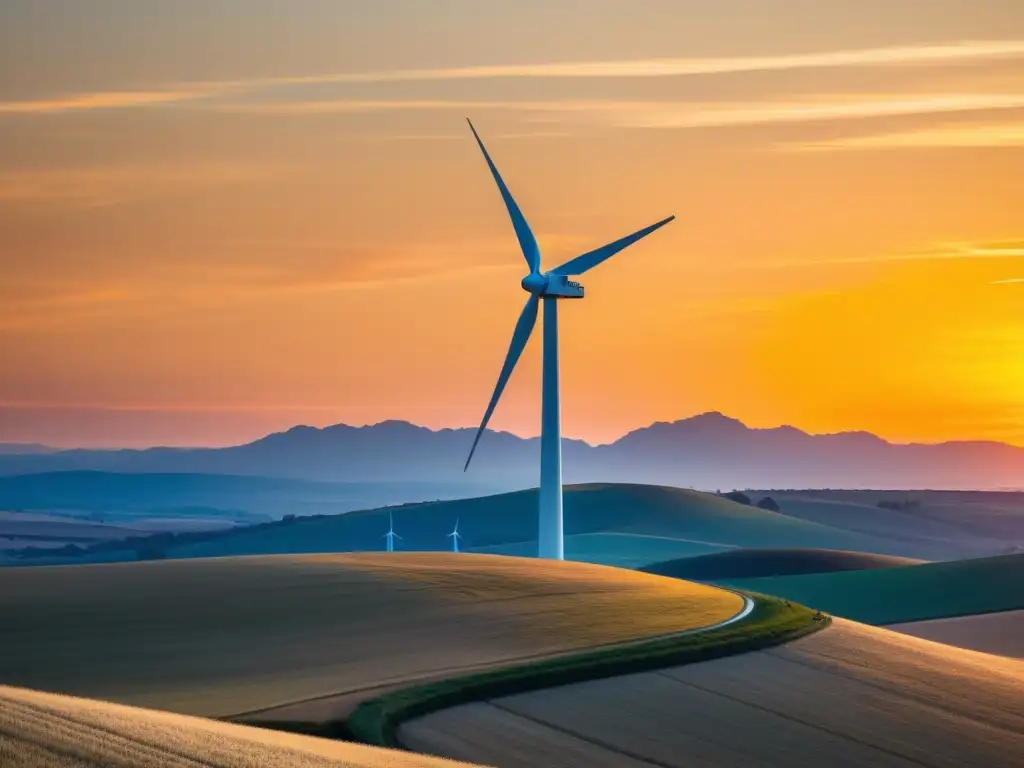 Un atardecer vibrante en un paisaje sereno, con una moderna turbina eólica destacando su elegante sombra sobre campos dorados