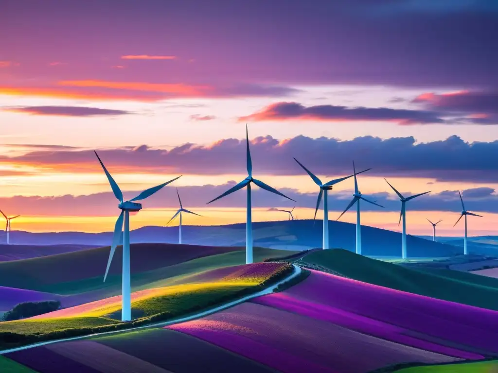 Un atardecer vibrante en un parque eólico moderno