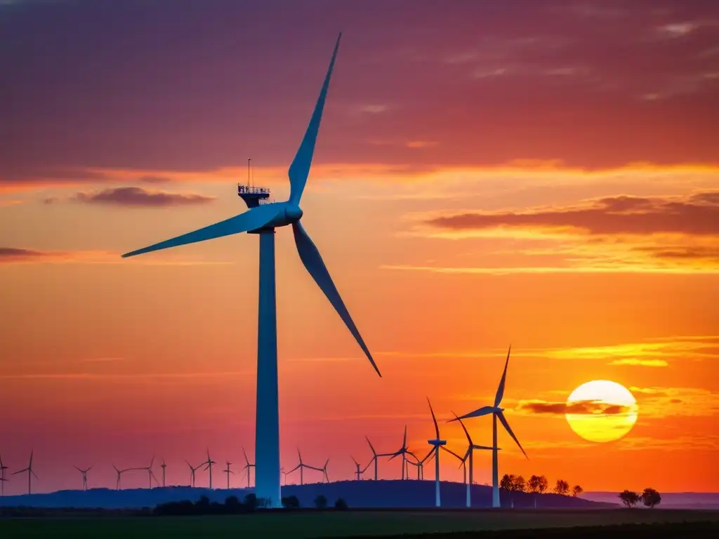 Un atardecer vibrante en el que una turbina eólica se destaca en silueta, girando elegantemente