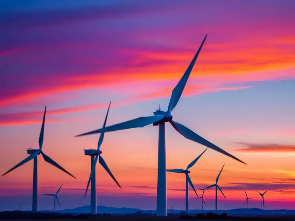 Un atardecer vibrante con una turbina eólica en silueta, capturando la integración inteligente para energía eólica