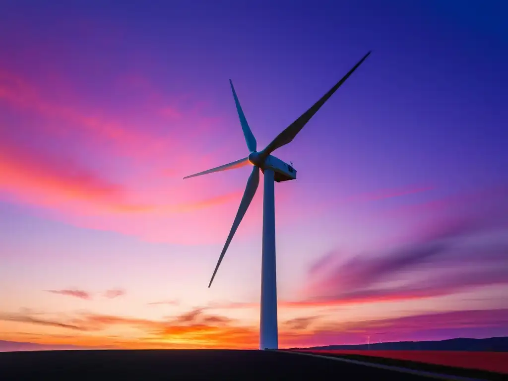 Un atardecer vibrante con una turbina eólica en movimiento, proyectando una sombra dinámica