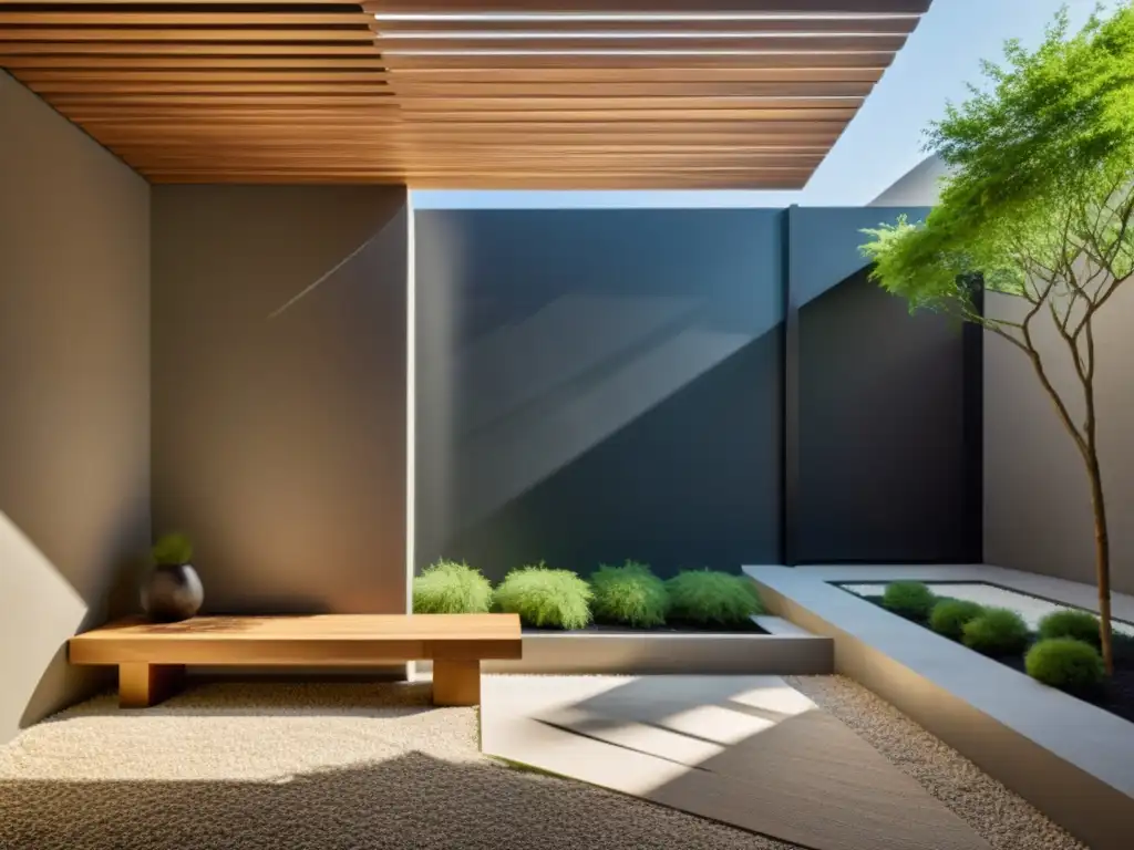 Atrayente paisajismo ahorrar energía: luminoso y sereno patio minimalista con banco de madera bajo moderna pérgola geométrica