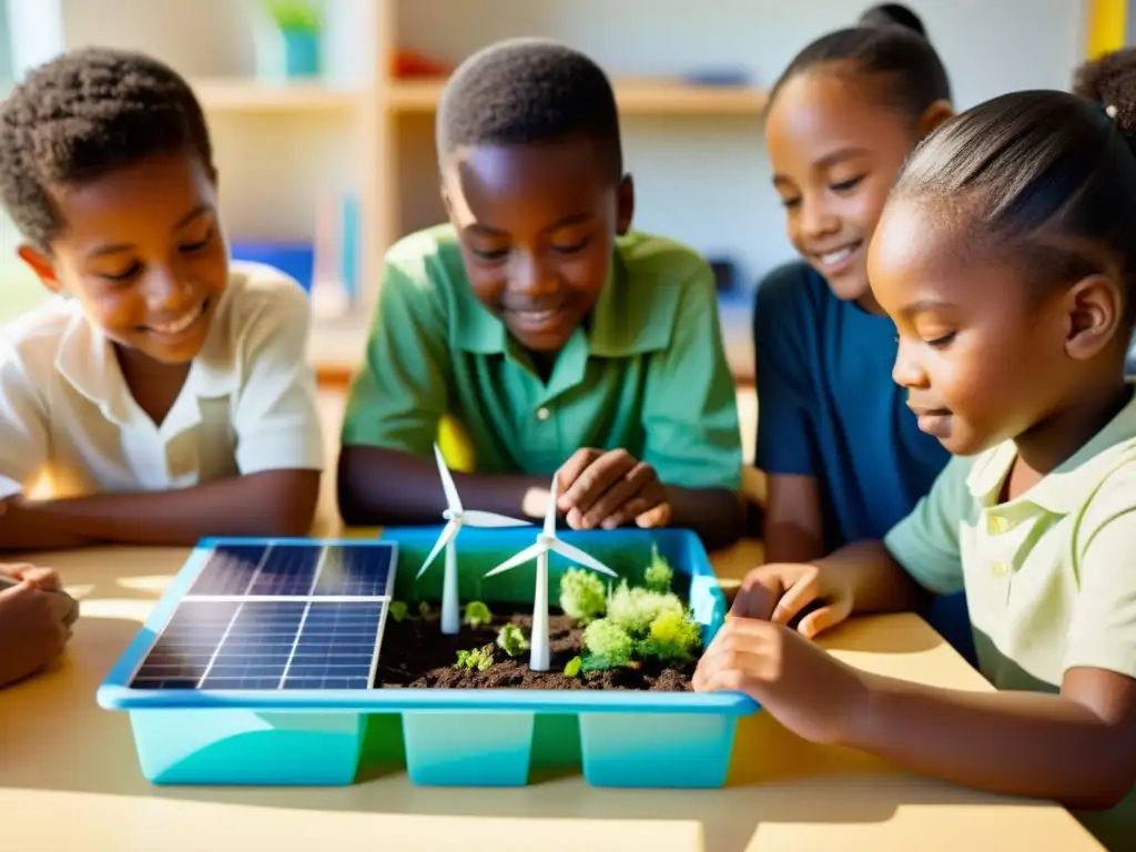 Un aula soleada llena de niños diversos explorando energías renovables y tecnología, colaborando y aprendiendo sobre educación ambiental