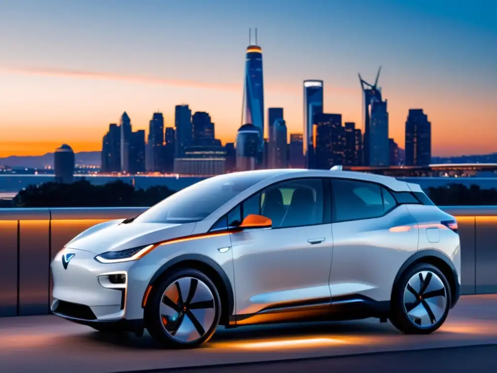 Auto eléctrico blanco cargando en estación futurista con vista a la ciudad al atardecer