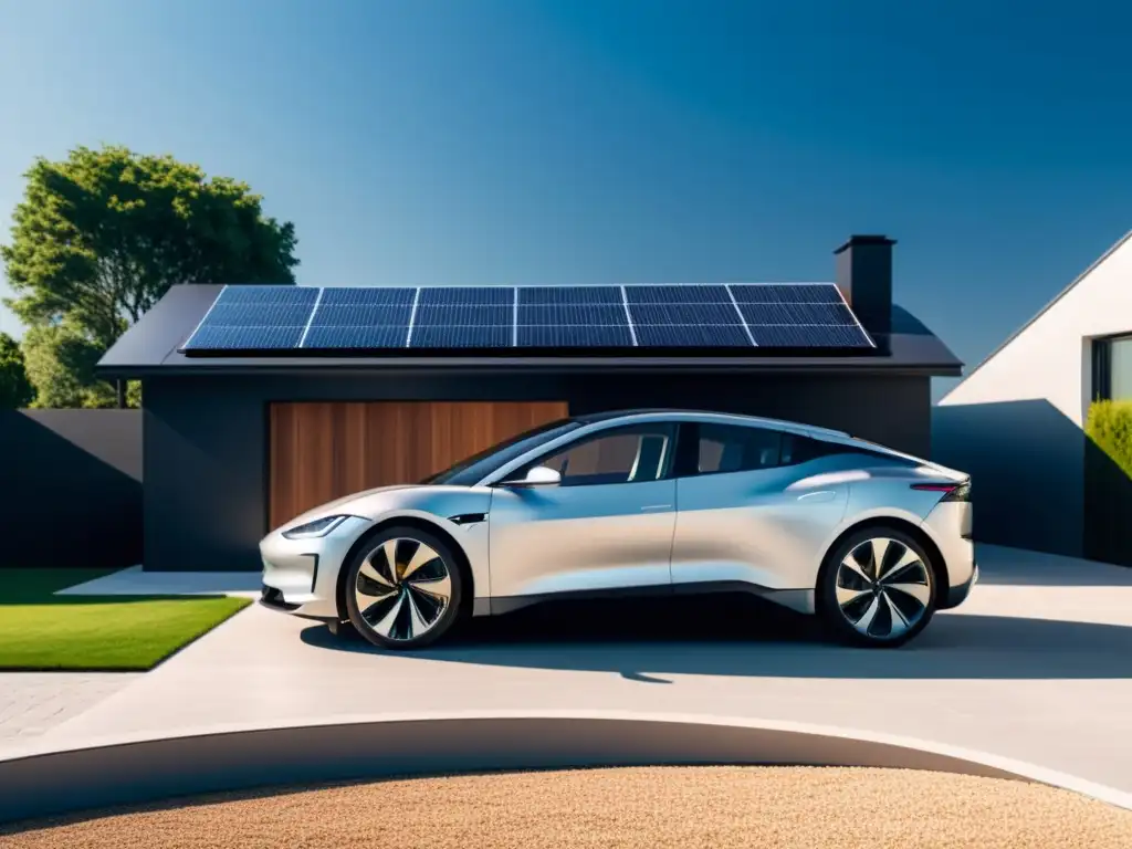 Un auto eléctrico elegante junto a una casa moderna con paneles solares, transmitiendo autosuficiencia con vehículos eléctricos y paneles solares