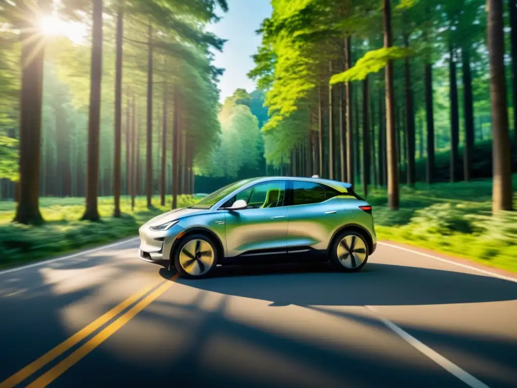 Un auto eléctrico moderno en un bosque verde, transmitiendo la idea de reducir huella ambiental movilidad con su diseño ecológico